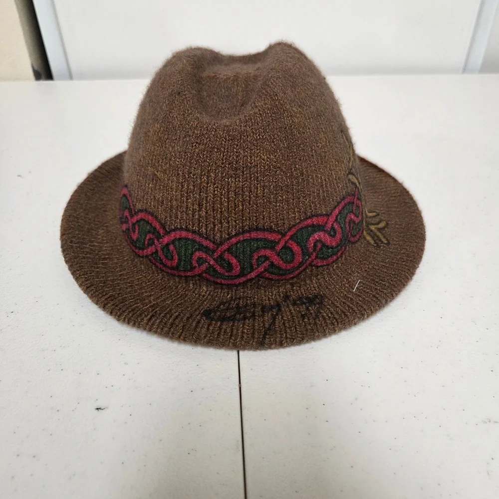 Tobi Brown Knit Fedora Hat Celtic Knot Embroidered Made in Canada One Size